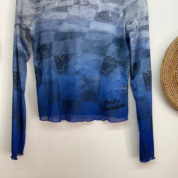 Harley-Davidson Blue Sheer Mesh Crop Long Sleeve Shirt XS Biker Bikercore Y2K - Picture 5 of 6